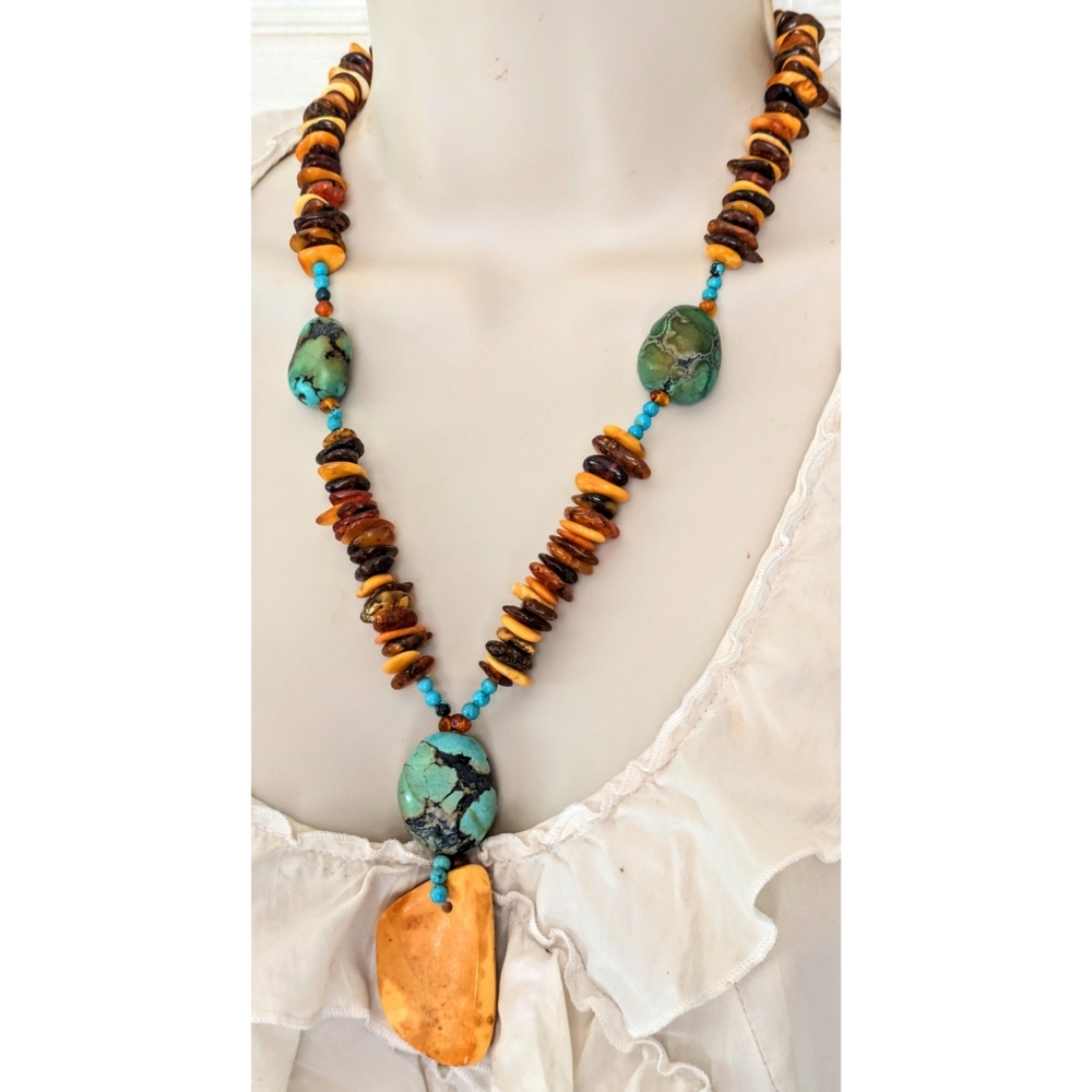 Sterling Egg Yolk Baltic Amber Blue Turquoise Chunks Beaded Pendant Necklace 22" - Picture 5 of 12
